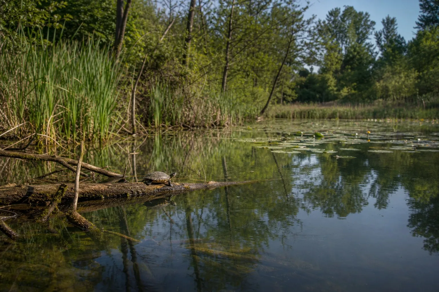 Tartaruga d'acqua su un tronco in uno stagno con canneto e vegetazione