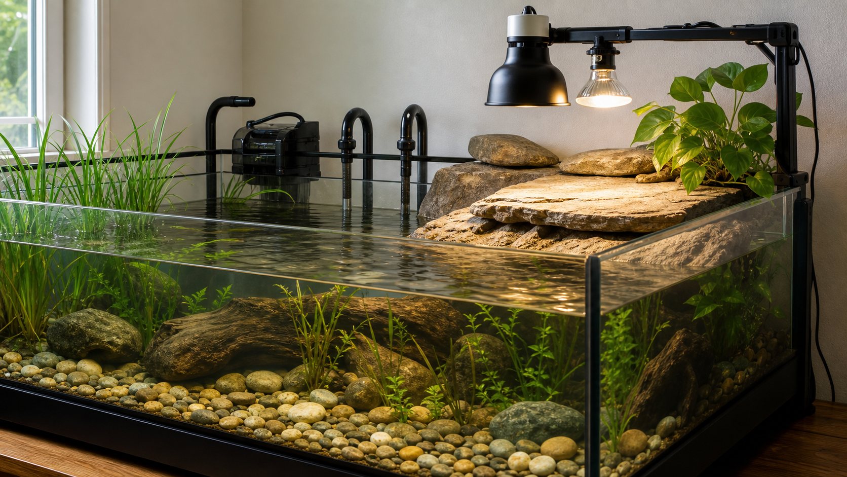 Habitat per tartaruga d'acqua con acqua, zona emersa e lampade