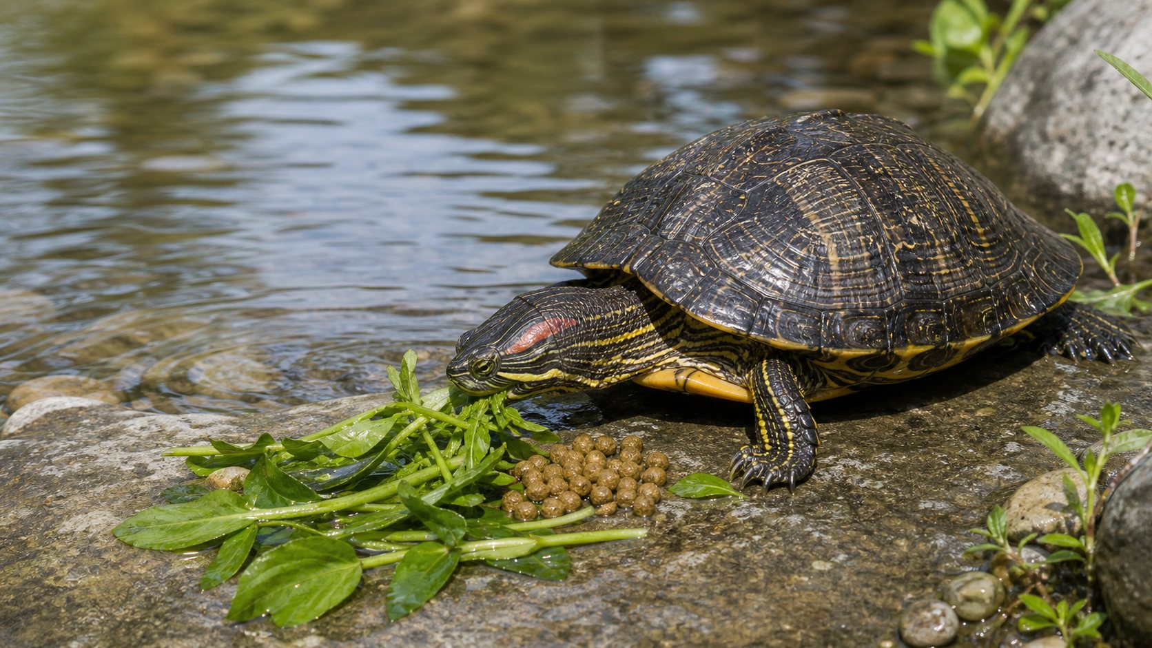 Tartaruga d'acqua che mangia vegetali e alimenti adatti